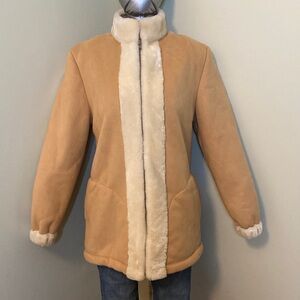Source Unknown Tan Faux Suede Jacket with Cream Faux-Fur Trim
